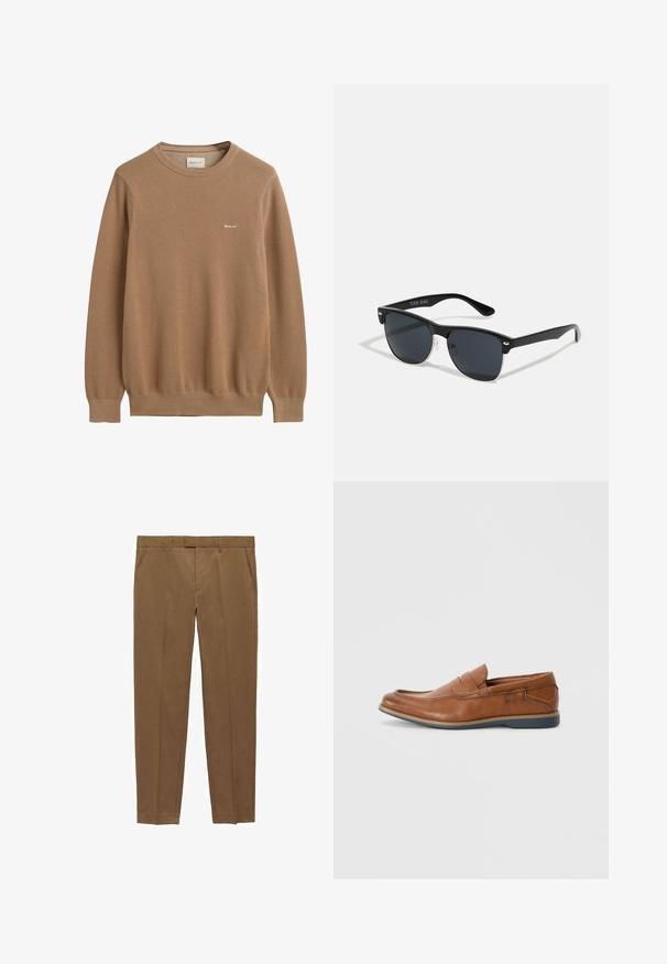 Bruine gebreide trui met een textuurpatroon, ronde halslijn en lange mouwen. Bevat een klein geborduurd logo op de borst.; Bruine op maat gemaakte broeken van een gladde stof, met een vlakke voorkant, rechte pijpen, riemlussen en zijzakken.; Bruine leren instappers met een ronde neus, gestikte details en een lage rubberen zool. Het ontwerp heeft een band over de bovenkant.; Zwarte zonnebril met een rechthoekige vorm, donkere lenzen, zilveren accenten bij de slapen en een matte afwerking op het montuur.