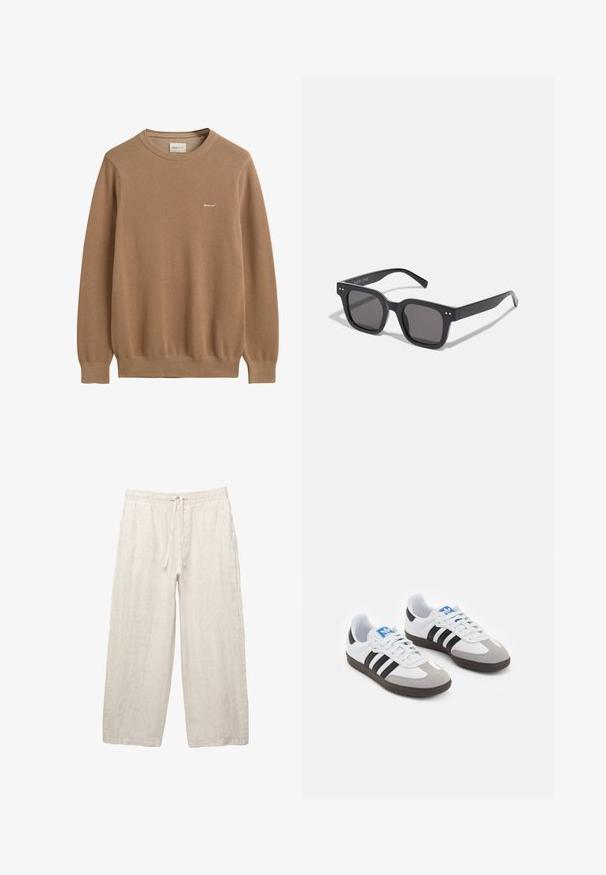 Maglione lavorato a maglia marrone con un motivo testurizzato, girocollo e maniche lunghe. Presenta un piccolo logo ricamato sul petto.; Pantaloni in lino di colore beige chiaro, con una vita elastica e cordoncino, design a gamba larga e tasche laterali. Texture liscia.; Scarpe sportive con tomaia in pelle bianca, punta in suede grigia e tre strisce nere. Presentano un logo blu sulla linguetta e una suola in gomma testurizzata.; Occhiali da sole neri rettangolari con lenti scure, dotati di una montatura spessa, accenti sottili sui lati e senza loghi visibili oltre al nome del marchio.