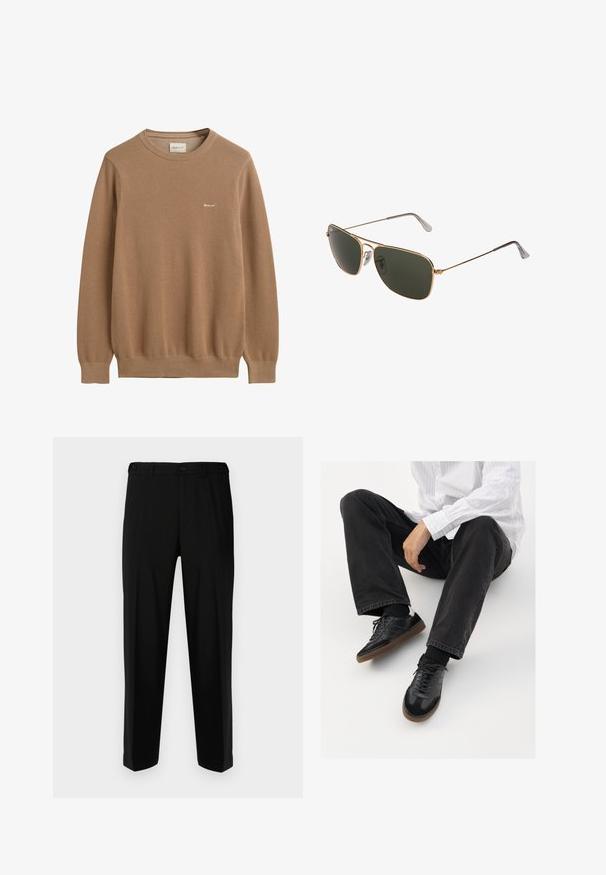 Bruine gebreide trui met een textuurpatroon, ronde halslijn en lange mouwen. Bevat een klein geborduurd logo op de borst.; Zwarte broek van gladde stof, met een rechte snit, twee voorzakken en een ritssluiting met knoopsluiting.; Zwarte sneakers met een glad en textuur detail, voorzien van een rubberen zool en donkere veters. Gecombineerd met zwarte jeans en een wit gestreept shirt.; Gouden metalen aviator zonnebril met grote donker groene lenzen, voorzien van een dunne rand en transparante neuspads voor comfort.