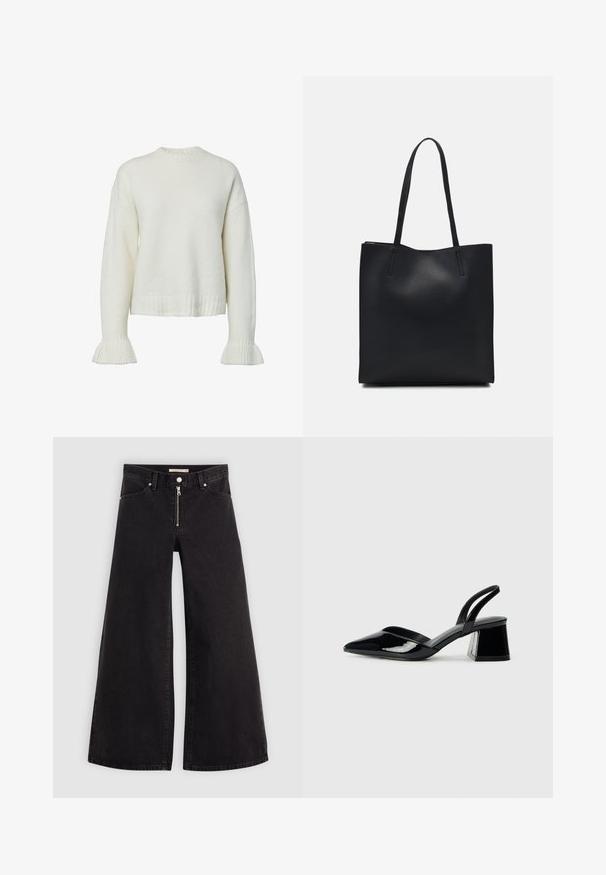 Fehér kötött pulóver bordázott mintával, kerek nyakkal és harang alakú ujjakkal. Rövidített hosszúságú, laza szabású.; Fekete denim széles szárú farmer, cipzáros elejével, öt zsebes kialakítással és diszkrét varrással. Sima textúra és laza stílus.; Fekete lakk bőr szandálkés magas sarkú cipő, hegyes orral és geometrikus tömbsarkakkal. Karcsú, minimalista dizájn és sima textúra jellemzi.; Fekete bőrtáska sima felszínnel, téglalap alakú, két hosszú füllel. Nincs látható fémkiegészítő vagy díszítés.