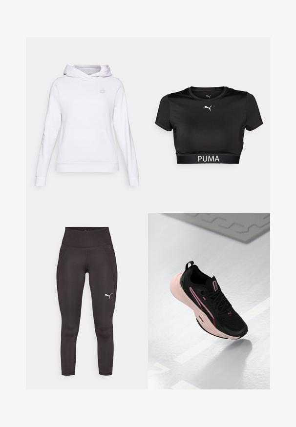 Felpa bianca con cappuccio realizzata in tessuto morbido, dotata di tasca a marsupio, polsini e orlo a coste, con un piccolo logo grigio sul petto.; Maglietta nera cropped realizzata in tessuto liscio, con scollatura rotonda, maniche corte e logo PUMA bianco sulla fascia.; Leggings atletici neri realizzati in un materiale elastico con vita alta, dotati di tasche laterali e un logo bianco sulla gamba sinistra.; Scarpa da ginnastica nera con accenti rosa e parte superiore testurizzata. Presenta una suola rosa imbottita e lacci neri. Design leggero per prestazioni elevate.