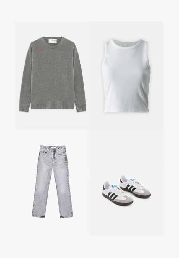 Harmaa villapaita, jossa on pyöreä kaula-aukko, ribbikudotut hihansuut ja helma, sekä pieni vaaleanpunainen sydänlogo vasemmassa rinnassa. Pehmeä rakenne.; Valkoinen poimutettu hihaton toppi, jossa on pyöreä kaula-aukko, suora helma ja sileä, joustava materiaali.; Harmaat farkut suoran lahkeen leikkauksella, kulutettu yksityiskohtia, viisi taskua ja kuparinappi. Vyötärönauha sisältää logotagin.; Urheilukengät, joissa on valkoinen nahkainen päällinen, harmaa mokkanokka ja kolme mustaa raitaa. Ominaisuuksina sininen logo kielekkeessä ja kuvioitu kumipohja.