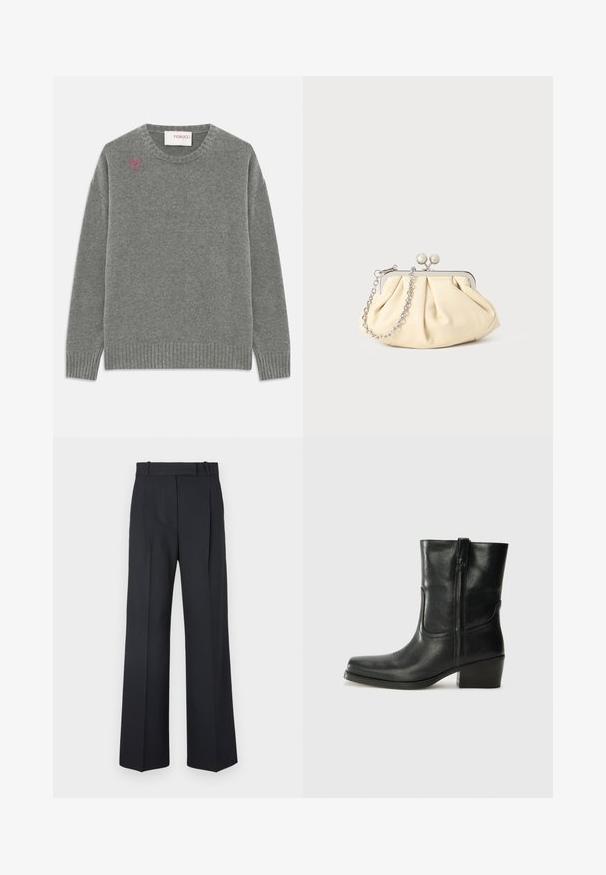 Grei vilnos megztinis su apvalia kaklo iškirpte, raukšlėtais rankogaliais ir hemu bei maža rozine širdelės logo kairėje krūtinės pusėje. Minkšta tekstūra.; Tamsiai mėlynos juostelės kelnės su aukštu liemeniu, plačiomis kojomis ir be matomų detalių ar puošmenų. Sklandus audinys ir pritaikytas siluetas.; Juodi odiniai aulinukai iki kulkšnies su apvali nosimi, blokuotais kulnais, šonine užtrauktuku ir siuvimo akcentais ant viršutinės dalies. Lygi tekstūra, klasikinis dizainas.; Plyšiniai smėlio spalvos odiniai rankinukai su sidabriniu metaliniu rėmu, turintys du apvalius dekoratyvinius užtrauktukus ir sidabrinę grandinėlę.