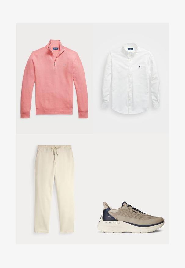 Sweater pullover rosa claro com colarinho de zip de um quarto. Apresenta punhos e barra canelados, feito de tecido de malha texturizada com um pequeno logotipo no peito.; Camisa branca de botão, feita de algodão. Apresenta um colarinho pontudo, mangas longas e um pequeno logótipo azul-marinho no peito. Textura suave.; Calças casuais off-white com cintura elástica e cordão, pernas retas e bolsos laterais, contra um fundo liso.; Sapatilha atlética bege com parte superior em malha texturizada, detalhes em azul-marinho, sola branca espessa e um design intrincado. Possui atacadores e logótipo.