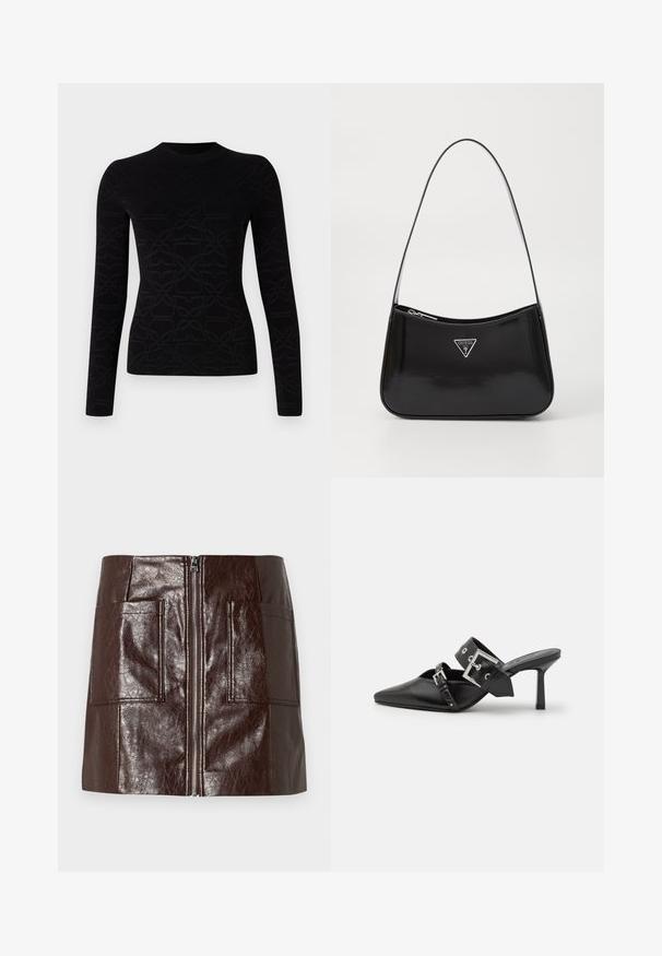 Fekete, hosszú ujjú felső, amely texturált, ismétlődő mintával rendelkezik. Puha anyagból készült, kerek nyakkivágással és testhezálló fazonnal.; Barna műbőr mini szoknya, elülső cipzárral, két nagy elülső zsebbel és sima, fényes felülettel.; Fekete magassarkú mules, hegyes orral, sima bőrből készült. Széles bokapántja van, négyzet alakú ezüst csattal és szegecsekkel.; Fekete lakkbőr válltáska ívelt formával, ezüst háromszög logóval és cipzáros záródással. Simaság jellemzi és vékony pántja van.