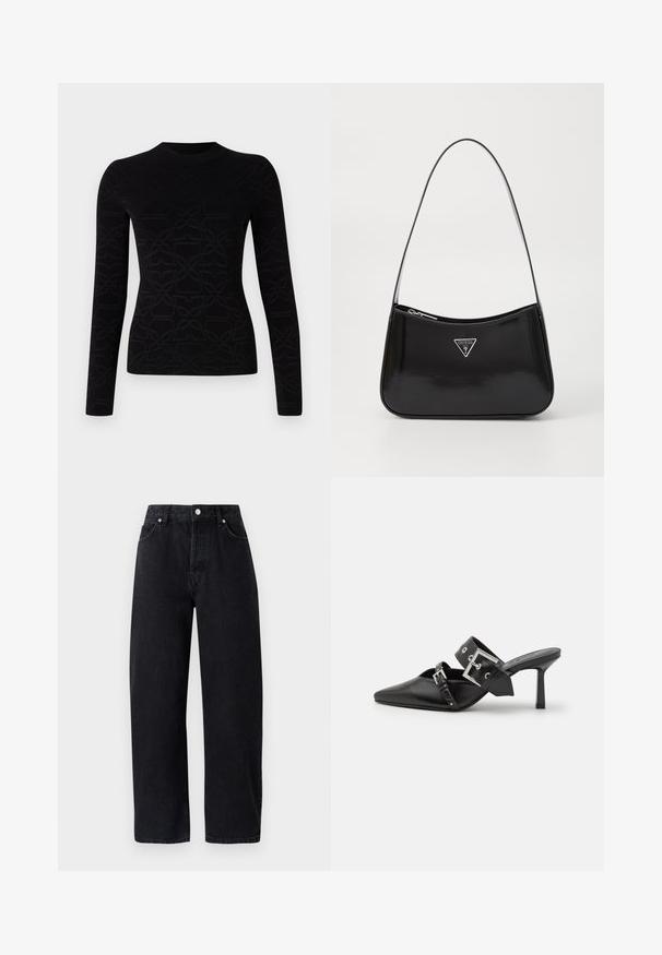 Fekete, hosszú ujjú felső, amely texturált, ismétlődő mintával rendelkezik. Puha anyagból készült, kerek nyakkivágással és testhezálló fazonnal.; Magasan szabott, egyenes lábú fekete farmernadrág öt zsebbel, fém szegecsekkel és tónusos varrással. Sima textúra, minimalista design.; Fekete magassarkú mules, hegyes orral, sima bőrből készült. Széles bokapántja van, négyzet alakú ezüst csattal és szegecsekkel.; Fekete lakkbőr válltáska ívelt formával, ezüst háromszög logóval és cipzáros záródással. Simaság jellemzi és vékony pántja van.