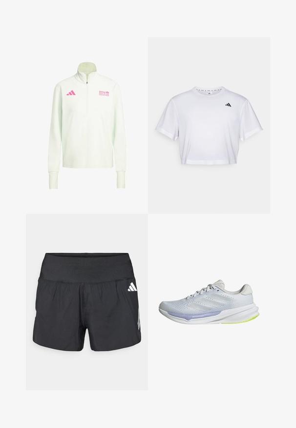 White long-sleeve quarter-zip pullover with pink Adidas logo on left chest and BMW Berlin Marathon logo on right chest.; White cropped t-shirt made from soft fabric, featuring short sleeves and a round neckline. Black logo on the left chest.; Black athletic shorts featuring a wide elastic waistband, lightweight fabric, and white logo accents on the lower side.; White athletic shoe with a breathable mesh upper, textured design, and lavender accent. Features a cushioned sole with green outsole details.