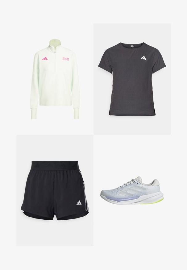 Biała długorękawowa bluza z zamkiem błyskawicznym do ćwierć długości, z różowym logo Adidasa na lewej piersi i logo Maratonu Berlińskiego BMW na prawej piersi.; Koszulka sportowa z krótkim rękawem, ciemnoszara z perforowaną teksturą. Posiada białe logo oraz kontrastowe paski po bokach. Okrągły dekolt.; Czarne sportowe szorty z elastycznym paskiem w talii, z teksturowanym pasem, bocznymi paskami oraz białym logo Adidas na dolnym brzegu.; Białe buty sportowe z oddychającą siateczką, teksturowanym wzorem i lawendowym akcentem. Mają miękką podeszwę z zielonymi detalami na podeszwie.