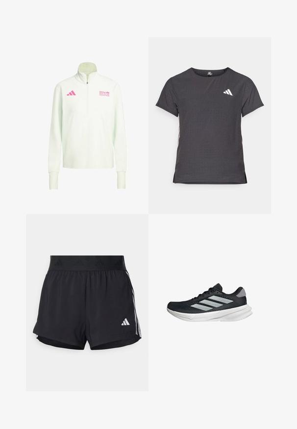 Felpa bianca a maniche lunghe con zip a quarto, con logo rosa di Adidas sul lato sinistro del petto e logo del Maratona di Berlino BMW sul lato destro del petto.; T-shirt atletico a maniche corte, grigio scuro con texture perforata. Presenta un logo bianco e strisce laterali a contrasto. Girocollo.; Pantaloni sportivi neri con cintura elasticizzata, dotati di una banda testurizzata, strisce laterali e un logo Adidas bianco sull'orlo inferiore.; Scarpa da corsa nera con tomaia in mesh, tre strisce argentate, intersuola bianca e suola testurizzata. Presenta un colletto imbottito e chiusura con lacci.