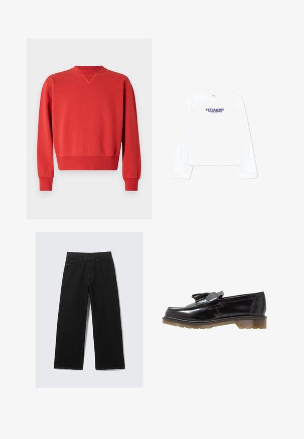 Sweatshirt roșu cu guler rotund și mâneci lungi. Textură netedă, cu manșete și margine ribbate, având un detaliu subtil cu cusătură în V la guler.; Tricou alb cu mânecă lungă, având guler rotund și un design cropped. Textul imprimat în violet spune "RĂMÂI SĂLBATIC Normalul este plictisitor."; Pantaloni negri cu picioare largi, confecționați din denim, având un design clasic cu cinci buzunare și o talie structurată cu bucle pentru curea.; Loaferi din piele patent neagră, cu un design împletit, accent cu ciucure și o talpă din cauciuc texturat, robustă. Vederea laterală evidențiază silueta elegantă.