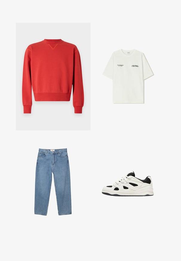 Rotes Sweatshirt mit rundem Ausschnitt und langen Ärmeln. Glatte Textur, gerippte Bündchen und Saum, mit einem subtilen V-Stich-Detail am Kragen.; Weißes Baumwoll-T-Shirt mit kurzen Ärmeln. Auf der Vorderseite befindet sich schwarzer Text: „NICHT MORGEN NICHT HEUTE“ und „DIE KUNST DES DIRT MOVING“ in grüner Schrift.; Hellblaue Denim-Jeans mit geradem Schnitt, Fünf-Taschen-Design und einem sichtbaren Markenlabel am Bund.; Weiß-schwarze Sportschuhe mit einer strukturierten Sohle, die auf der Seite ausgeschnittene Designs und Schnürsenkel aufweisen, sowie eine gepolsterte Ferse für Unterstützung.