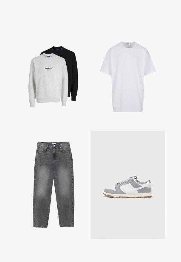 Dwie bluzy od Jack & Jones: jedna jasnoszara z logo, druga czarna. Obie mają okrągłe dekolty i ściągacze na rękawach.; Biała bawełniana koszulka z krótkimi rękawami, okrągłym dekoltem, luźnym krojem i bez widocznych logo lub wzorów. Gładka tekstura i minimalistyczny design.; Jeansy z wysokim stanem, luźne, w wyblakłym czarnym deninie. Posiadają pięć kieszeni, szlufki na pasek oraz prosty, klasyczny krój nogawek.; Szare i białe trampki z zamszową i skórzaną cholewą, okrągłym noskiem, płaskimi sznurówkami i gumową podeszwą z akcentem w kolorze gumy.
