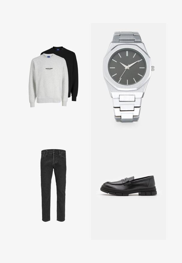 Zwei Sweatshirts von Jack & Jones: eines hellgrau mit einem Logo, das andere schwarz. Beide haben Rundhalsausschnitte und gerippte Bündchen.; Schwarze Jeans aus Denim mit geradem Bein, fünf Taschen und Gürtelschlaufen, mit einer leicht verblassten Textur und Kontrastnähten.; Schwarze Lederloafer mit glatter Oberfläche, ausgestattet mit einem vorderen Riemendetail und einer klobigen Gummisohle mit gerippten Akzenten.; Silberne Analog-Uhr mit achteckigem Gehäuse, grauem Zifferblatt, silbernen Stundenmarkierungen und einem Armband aus Edelstahl. Minimalistisches Design mit glatter Textur.