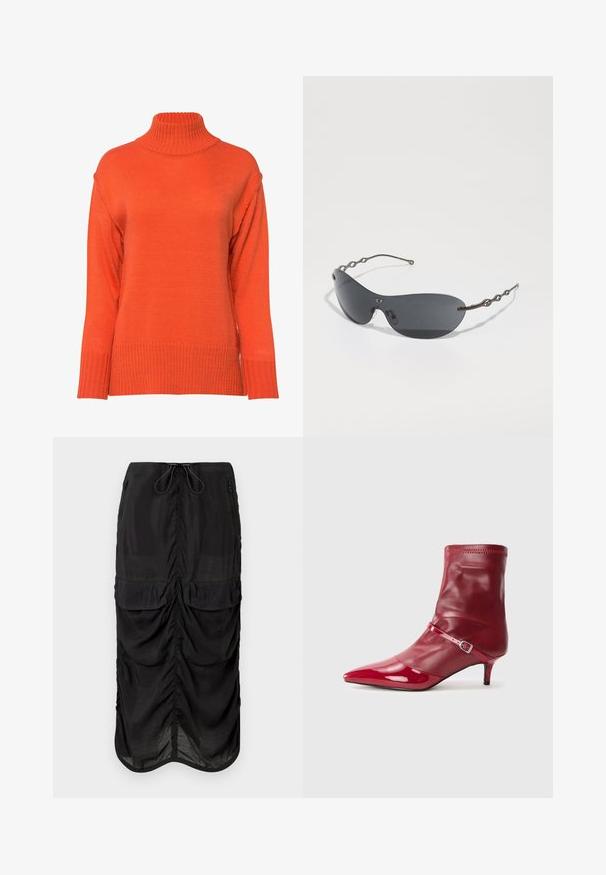 Sweter z golfem w jaskrawym pomarańczowym kolorze, z prążkowaną strukturą, opadającymi ramionami oraz luźnym krojem i szerokimi mankietami.; Czarna midi spódnica z lekkiego materiału. Posiada marszczone detale, dwie przednie kieszenie oraz elastyczny pas ze sznurkiem do regulacji.; Czerwone syntetyczne botki za kostkę z ostrom noskiem, błyszczącym wykończeniem i wąskim obcasem. Posiadają pasek z metalową klamrą oraz elastyczny mankiet.; Okulary przeciwsłoneczne z ciemnoszarymi soczewkami, eleganckim, zakrzywionym kształtem i charakterystycznymi falistymi metalowymi ramionami. Powierzchnia jest gładka z delikatnym matowym wykończeniem.; Czarna torebka z lakierowanej skóry o trójkątnym kształcie, z górnym zamkiem błyskawicznym i regulowanym paskiem. Logo "KARL LAGERFELD JEANS" w kolorze srebrnym.