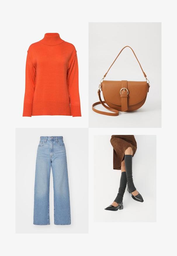 Jersey de cuello alto en un brillante color naranja, con textura acanalada, hombros caídos y un ajuste holgado con puños anchos.; Jeans de tiro alto y pernera ancha en azul claro, con cierre frontal de botón y cremallera, y bolsillos delantero y trasero, sobre un fondo blanco.; Zapatos de charol negros con punta afilada, tacón bloque y tira de tobillo, combinados con calentadores de piernas de canalé grises y una falda de ante marrón.; Bolso bandolera de cuero marrón con forma curvada, herrajes dorados y un acento de hebilla. Incluye una correa de hombro desmontable.