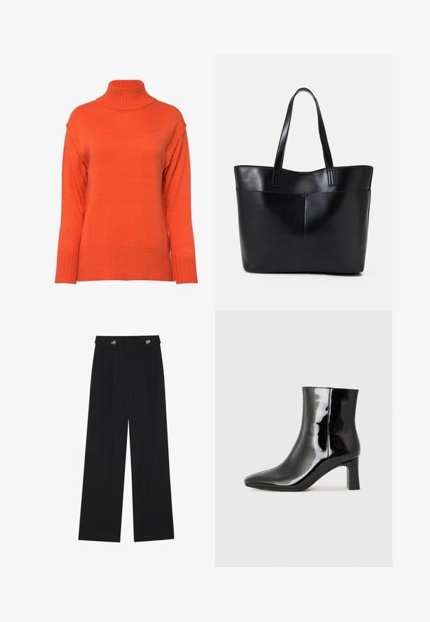 Rollkragenpullover in leuchtendem Orange, mit gerippter Textur, überschnittenen Schultern und lockerer Passform sowie breiten Bündchen.; Schwarze weite Hosen mit hoher Taille, Knopfdetails am Bund und vorderen Falten.; Schwarzer Lackleder-Stiefelette mit spitzer Zehe und einem mittelhohen Blockabsatz. Glatte Textur und minimalistisches Design.; Schwarze Leder-Shopper-Tasche mit zwei langen Griffen, einer glatten Textur und einer strukturierten Form. Verfügt über eine Vordertasche für zusätzlichen Stauraum.