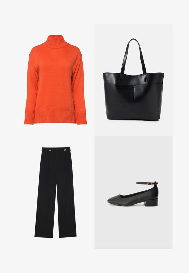 Paita poolokauluksella kirkasoranssina, jossa on ribbauskudos, pudotetut olkapäät ja rento istuvuus leveillä hihansuilla.; Mustat leveälahkeiset housut, joissa on korkea vyötärö, napit vyötärönauhassa ja etupuolella laskokset.; Mustat nahkakengät, joissa on terävä kärki ja matala lohkare korko. Varustettu nilkkahihnalla, jossa on kultasävyinen solki. Lisää sileä pinta.; Musta nahkainen kassi, jossa on kaksi pitkää kahvaa, sileä pinta ja jämäkkä muoto. Sisältää etutaskun lisävarastointia varten.