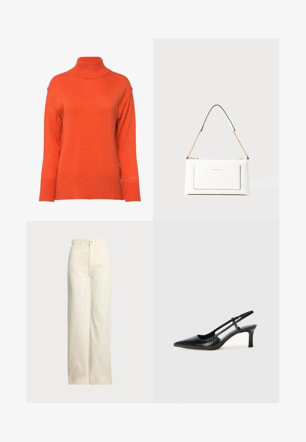 Maglione a collo alto di un vivace arancione, con texture a costine, spalle scese e una vestibilità ampia con polsini larghi.; Polo Ralph Lauren COTTON CORDUROY WIDE-LEG PANT - Pantaloni - warm white; Slingback con tacco in vernice nera con punta affusolata, caratterizzato da una stampa a serpente testurizzata, cinturino regolabile e un tacco corto e testurizzato.; Borsa a tracolla bianca in pelle con un finish testurizzato, dotata di una tracolla in catena dorata e accenti neri. Include una tasca frontale e una chiusura con zip.