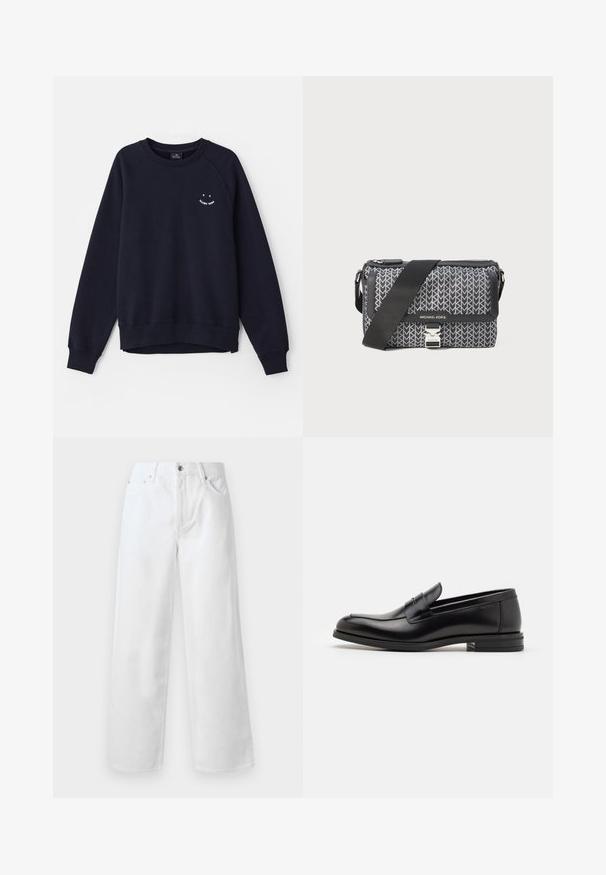 Tumši zila svītrojuma kreklu izgatavots no mīkstas kokvilnas, ar apaļu kakla izgriezumu, garām raglanu piedurknēm un mazu baltu grafiku uz krūtīm.; rag & bone BAGGY - Plati džinsi - white; Melnas ādas kurpes ar gludu tekstūru, noapaļu purngalu un dekoratīvu siksniņu pāri priekšpusei. Zems sakrauts papēdis, minimālisma dizains.; Melnas un pelēkas rakstotas plecu soma ar ģeometrisku dizainu, ar rāvējslēdzēju un sudraba toņu aparatūras akcentu. Iekļauta regulējama siksna.