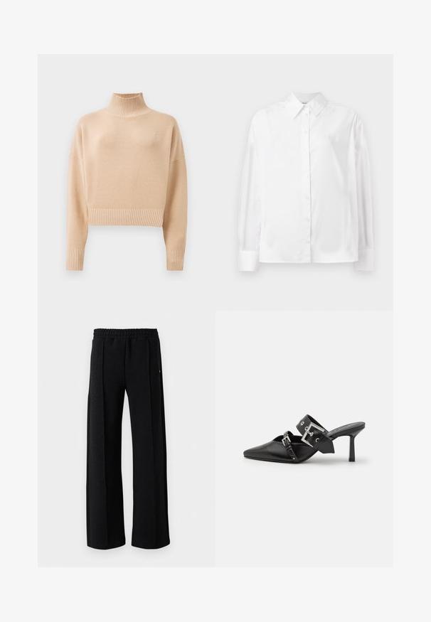 Bežs īss džemperis ar ribu stila augstu apkakli un aprocēm. Mīksta tekstūra, minimālistisks dizains, ar smalku logo detaļu uz krūšu.; Balta, garām piedurknēm, ar pogām aizpogājama krekla no gludas kokvilnas šķiedras. Tam ir klasiskā apkakle, priekšējā aizpogājamā daļa un noapaļotas aproces.; Melni taisni bikses ar elastīgu jostasvietu un smalku teksturētu rakstu visa auduma garumā uz baltas fona.; Melnas augstpapēžu mūles ar norādītu purngalu, izgatavotas no gludas ādas. Iekļauj plašu potītes siksnu ar kvadrātveida sudraba sprādzi un kniedēm.