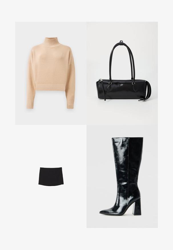 Maglione cropped beige con colletto a lupetto e polsini a coste. Texture morbida, design minimale, con un discreto dettaglio del logo sul petto.; Minigonna nera realizzata in tessuto morbido e elasticizzato; presenta una linea dritta con un orlo discreto e senza chiusure o motivi visibili.; Stivali neri al ginocchio in pelle lucida, con punta appuntita e un tacco geometrico robusto dalla superficie liscia.; Borsa a tracolla nera in pelle di forma rettangolare, con una superficie liscia, due manici, chiusura con zip e un piccolo logo sulla parte anteriore.; Orologio al quarzo Casio con cassa rettangolare dorata, quadrante bianco, indicatori delle ore dorati e cinturino in pelle marrone con motivo coccodrillo. Impermeabile.