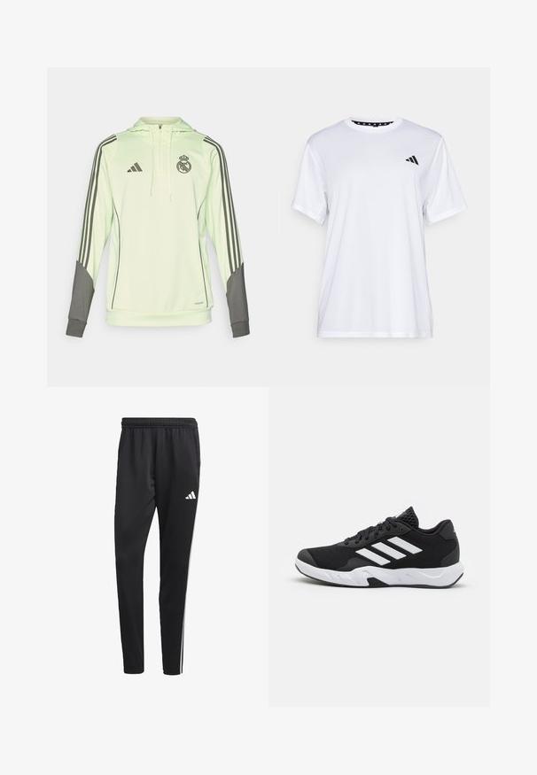 Sudadera con capucha de color verde claro con acentos grises, con tres franjas negras en las mangas, logo de Adidas y escudo del Real Madrid.; Camiseta atlética blanca de manga corta, hecha de una tela que absorbe la humedad. Presenta un logo negro en el lado izquierdo del pecho y un cuello interior con un diseño estampado.; Pantalones deportivos negros con una cinturilla elástica, rayas laterales blancas y un pequeño logo blanco en el muslo. Fabricados con un material suave y ligero.; Zapatillas deportivas negras con una parte superior de malla texturizada, rayas de acento blancas, suela acolchada y talón reforzado para mayor soporte.