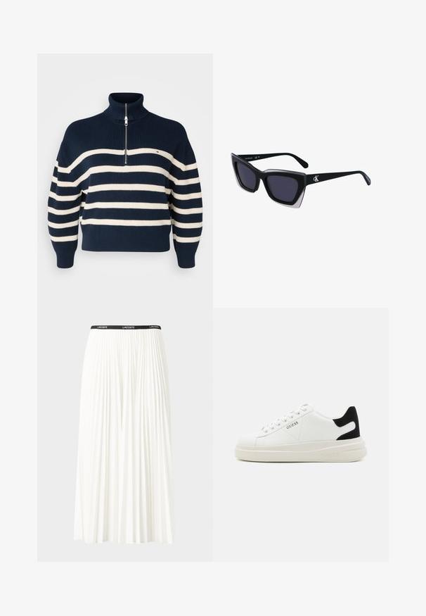 Pull en tricot rayé bleu marine et blanc avec un col montant, une fermeture éclair mi-haute à l'avant, et des poignets et un ourlet côtelés. Présente un petit logo sur la poitrine.; Jupe plissée blanche avec une taille élastique noire portant le logo "LACOSTE". Design mi-long avec une texture douce.; Baskets en cuir blanc avec une épaisse semelle blanche, un accent en daim noir au niveau du talon et un logo embossé sur le côté. Design à lacets avec six œillets.; Lunettes de soleil noires surdimensionnées avec une forme géométrique, dotées de verres foncés et d'un détail gris contrastant sur la monture. Logo sur la branche.; Boucles d'oreilles créoles en argent avec une surface lisse et brillante, présentant une forme incurvée et une fermeture à tige. Design minimaliste avec une finition moderne.