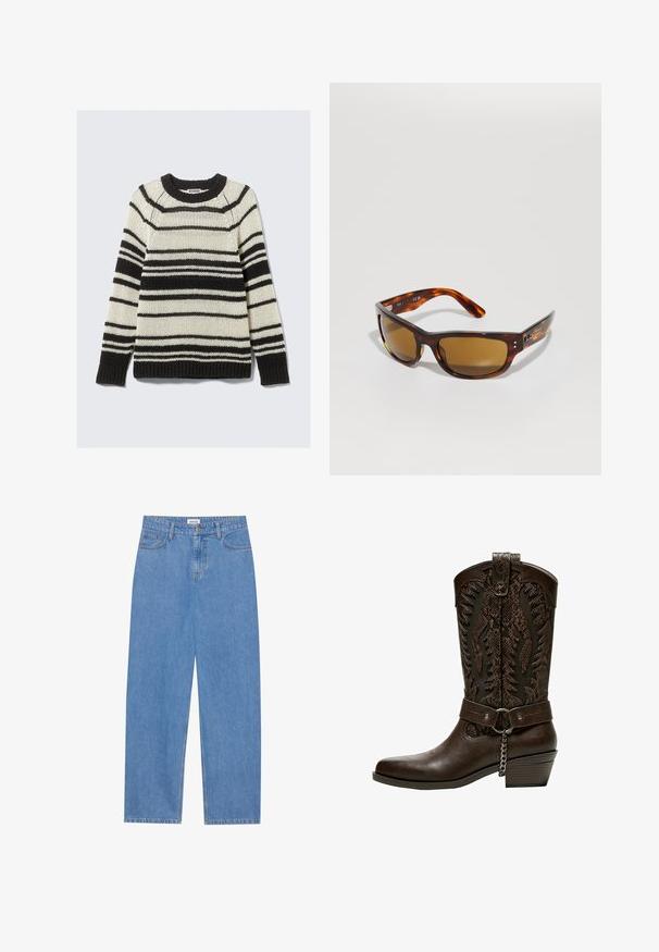 Zwart en crèmekleurig gestreepte gebreide trui met een ronde hals, textuurstof, ribgebreide manchetten en zoom, met een losse pasvorm en contrasterende kleuren.; Lichtblauwe denim jeans met een rechte pasvorm, vijf-pocket ontwerp, enkele knoopsluiting en subtiele stikseldetails op de naden.; Bershka Cowboy-/Bikerlaarzen - brown; Schildpadvormige zonnebril met bruine lenzen. Stijlvol rechthoekig montuur, gladde textuur, subtiele branding aan de zijkant en gebogen armen voor comfort.