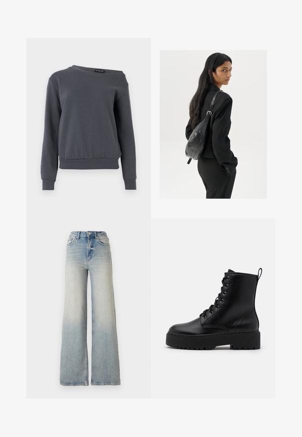 Grijze sweatshirt gemaakt van zacht materiaal, met een ronde hals, lange mouwen en een iets verkorte zoom met geribbelde manchetten en tailleband.; Lichtblauwe wijdlopende spijkerbroek van denim, met een hoge taille, vijf zakken en zichtbare stiksels langs de naden.; Zwarte leren enkelboot met een dikke, gestructureerde zool, ronde neus en metalen oogjes voor veters. Voorzien van een lus aan de achterkant.; Vrouw met lang donker haar in een zwart pak, met een zwart leren schoudertas, die over haar schouder kijkt tegen een witte achtergrond.