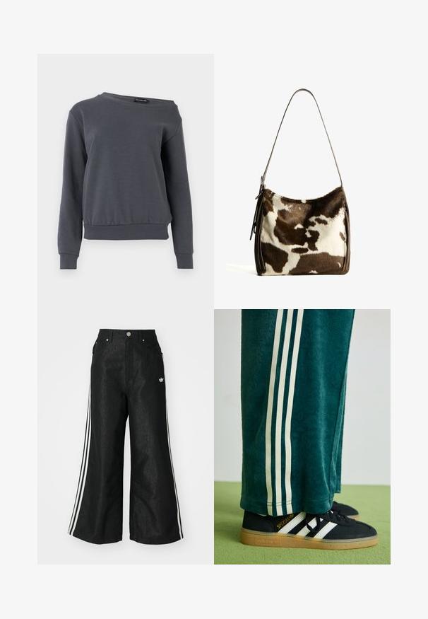 Šedá mikina vyrobená z měkké tkaniny, s kulatým výstřihem, dlouhými rukávy a mírně zkráceným lemem se žebrovanými manžetami a pásem.; Černé široké džíny s třemi bílými pruhy po stranách a malým bílým logem. Obsahují přední kapsy a zapínání na knoflík.; Zelené texturované kalhoty s bílými bočními pruhy, spárované s černými teniskami Adidas se třemi bílými pruhy a gumovou podrážkou.; Hnědá a krémová kravská kůže ramenní taška s hladkým koženým popruhem, zipovým uzavřením a jemným, texturovaným povrchem s přírodním vzorem.