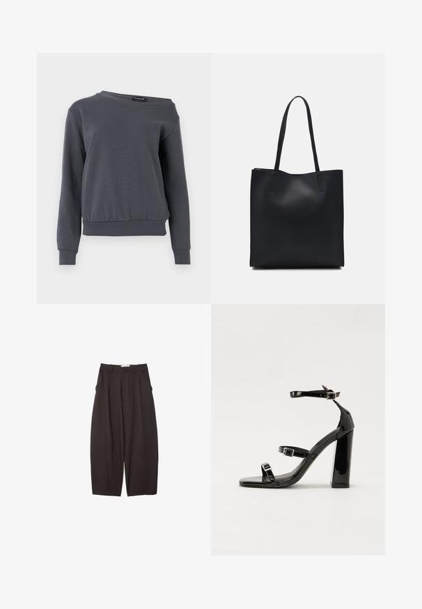 Grå sweatshirt gjord av mjukt material, med rund hals, långa ärmar och en något kortad fåll med ribbade muddar och midjeband.; Svarta vida byxor i ett mjukt tyg, med hög midja, framfickor och sidofickor. Enkel design utan utsmyckningar.; Svarta lackerade klacksandaler med fyrkantig tå, ankelremmar och silverfärgade spännen. Har en kraftig blockklack för stabilitet.; Svart lädertoffelväska med slät textur, rektangulär form och två långa handtag. Ingen synlig hårdvara eller dekorationer.