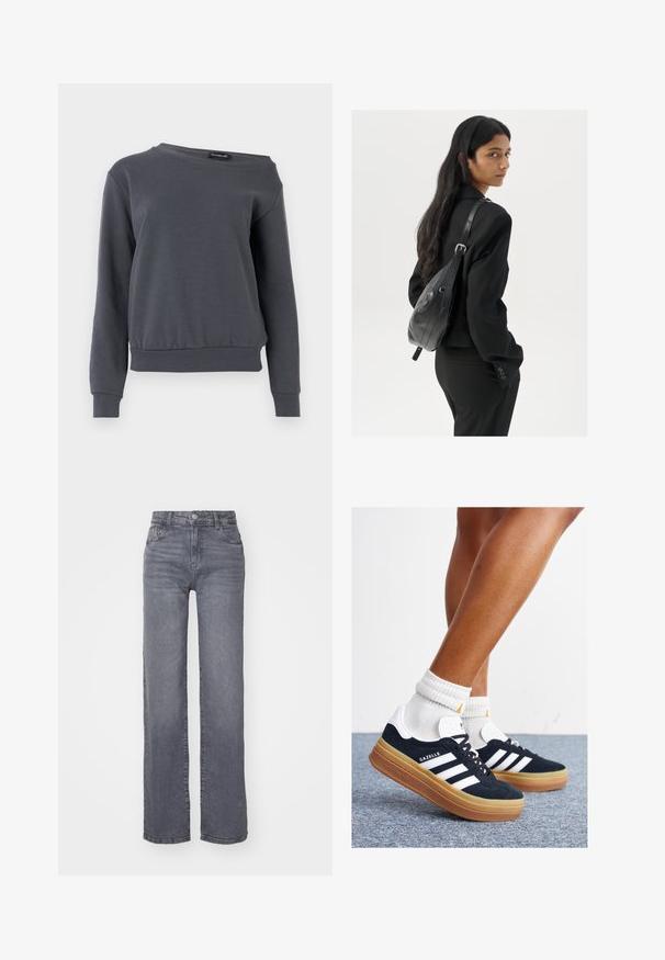 Sivi dukserica izrađena od mekanog materijala, s okruglim izrezom, dugim rukavima i lagano skraćenim rubom, s rebrastim manžetama i pojasom.; Sive široke traperice izrađene od denima s glatkom teksturom, s kopčanjem na dugme i zatvaračem, te pet džepova.; Crne tenisice od brušene kože s bijelim prugama i detaljima, okruglim vrhom, gumeni potplat boje gume, uparene s bijelim rebrastim čarapama.; Žena s dugom tamnom kosom koja nosi crno odijelo, drži crnu kožnu torbu preko ramena i gleda unazad na bijeloj pozadini.