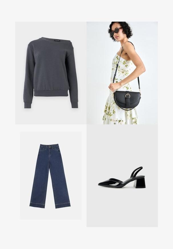 Hanorac gri dintr-un material moale, cu guler rotund, mâneci lungi și o croială ușor scurtată, cu manșete și talie ribb. ; Jeans evazați din denim albastru închis. Au cinci buzunare, bucle pentru curea și o margine brută la baza, cu detalii de coasere vizibile.; Pantofi cu toc slingback din piele lacuită neagră, cu vârf ascuțit și toc geometric. Prezintă un design elegant, minimalist și o textură netedă.; Geantă din piele neagră, cu o formă curbată, curea detașabilă și accesorii aurii. Geanta are un capac cu un detaliu tip cataramă.