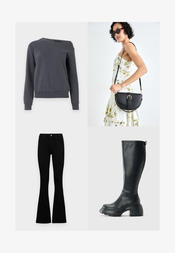 Sweatshirt cinza feito de tecido suave, com gola redonda, mangas longas e uma barra ligeiramente encurtada com punhos e faixa da cintura canelados.; Jeans pretos de cintura alta com fecho de botão e zíper, bolsos frontais e pernas largas dispostos em cima de um fundo branco.; Bota preta de couro alta com sola de plataforma robusta e salto bloco, apresentando puxador e padrão texturizado na sola.; Bolsa de couro preta com forma curva, alça destacável e detalhes em dourado. A bolsa possui uma aba com detalhe de fivela.