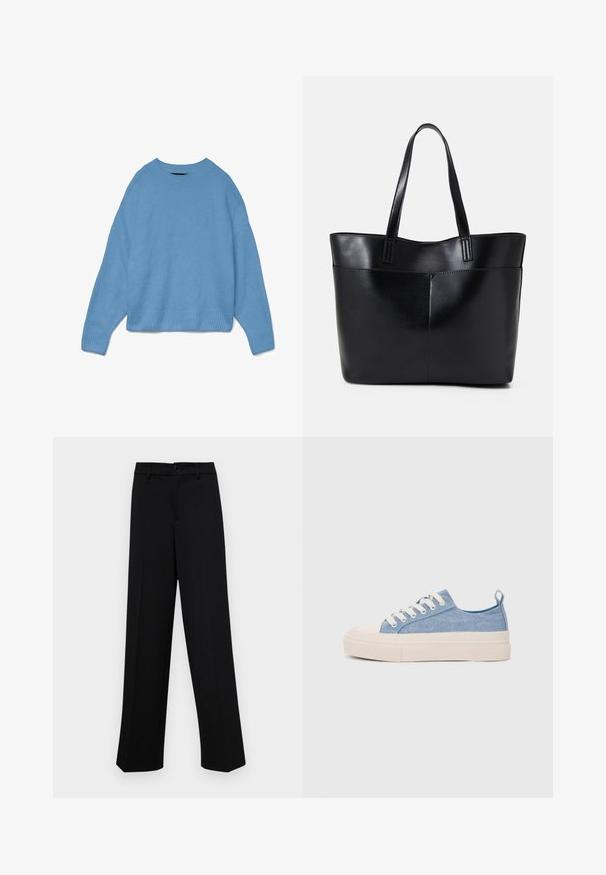 Világoskék kötött pulóver kerek nyakkivágással, ejtett vállakkal, bordázott mandzsettákkal és aljjal. Puha textúra, laza fazon.; Fekete, széles szárú nadrág sima anyagból, klasszikus derékrésszel, gombzárral és elülső redőkkel.; Világoskék vászon sportcipők, krémszínű gumitippel és talppal, fehér fűzőkkel és egy húzófüllel a sarkán.; Fekete bőr bevásárlótáska két hosszú fogantyúval, sima felülettel és strukturált formával. Elülső zseb található rajta a plusz tárolás érdekében.