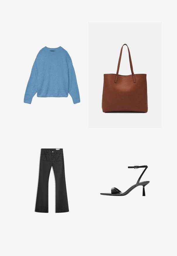 Vaaleansininen neulepaita, jossa on pyöreä kaula-aukko, laskeutuva olkapäädesign sekä ribbireunat hihansuissa ja helmassa. Pehmeä tekstuuri, rento malli.; Mustat leveälahkeiset farkut, jotka on valmistettu sileästä denimmateriaalista. Farkuissa on kaksi takataskua ja nappikiinnitys vyötäröllä.; Bershka Korolliset sandaalit - black; Ruskea nahkainen olkalaukku, jossa on sileä pinta, avoin yläosa ja kaksi olkahihnaa. Omaavat vain minimaalisen ompelun eikä näkyvää metalliosaa.