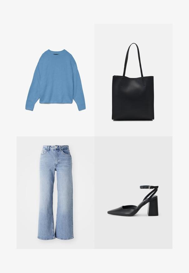 Světle modrý pletený svetr s kulatým výstřihem, designem s kleslými rameny a žebrovanými manžetami a lemem. Měkká textura, volný střih.; Světle modré kalhoty s vysokým pasem a širokými nohavicemi, s předními a zadními kapsami, zapínáním na knoflík a jemným zesvětlením na stehnech a lemech.; Černé kožené lodičky se špičatou špičkou, kotníkovým páskem a silným podpatkem. Hladká textura, elegantní design a minimalistická estetika.; Černá kožená taška přes rameno s hladkým povrchem, obdélníkovým tvarem a dvěma dlouhými uchy. Žádné viditelné kování ani ozdoby.