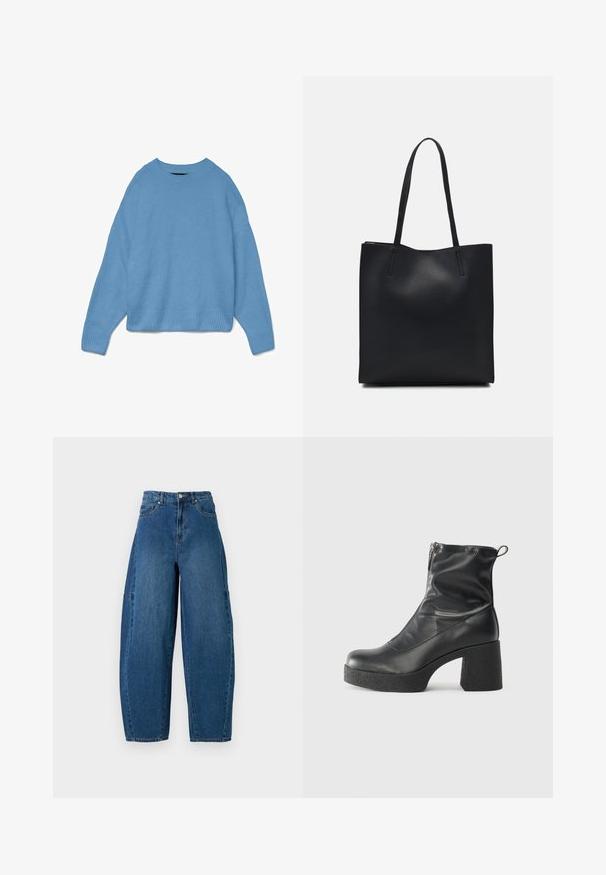 Light blue knitted sweater with a round neckline, drop shoulder design, and ribbed cuffs and hem. Soft texture, relaxed fit.; Denim jeans in a medium blue wash, featuring a high waist, wide leg cut, and standard five-pocket design with visible stitching details.; Black ankle boots made of smooth leather, featuring a side zipper, chunky textured heel, and rounded toe design.; Black leather tote bag with smooth texture, rectangular shape, and two long handles. No visible hardware or embellishments.