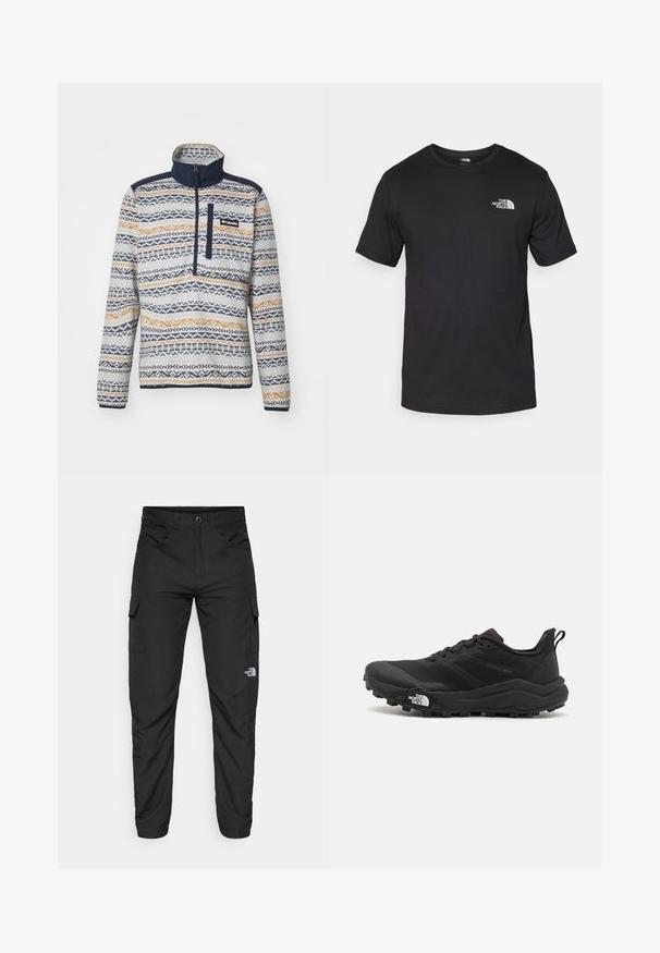 Pulover din fleece cu guler cu fermoar, având un model geometric în nuanțe de bleumarin, bej și crem. Include o buzunar pe piept cu sigla brandului.; Tricou scurt din bumbac, de culoare neagră, cu guler rotund și un mic logo alb în partea de sus a pieptului stâng.; The North Face HORIZON PANT - Pantaloni outdoor - black; Pantofii de alergare pe teren accidentat, de culoare neagră, cu un superior texturat, talpă din cauciuc și vârf întărit. Prezintă un guler căptușit și o bandă de prindere pentru îmbrăcare ușoară.