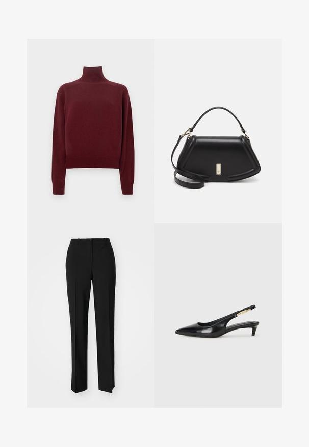 Burgundy turtleneck sweater with long sleeves, knit texture, and ribbed detailing at the cuffs and hem. Classic, fitted shape.; Black tailored trousers with a straight-leg design, featuring a smooth texture and crisp creases along the front. No visible hardware.; Black leather slingback heels with a pointed toe, featuring a slim heel and a gold-tone accent on the adjustable strap. Smooth texture.; Black leather handbag with a structured design, featuring a cropped shape, top handle, and gold hardware accent. Adjustable shoulder strap included.