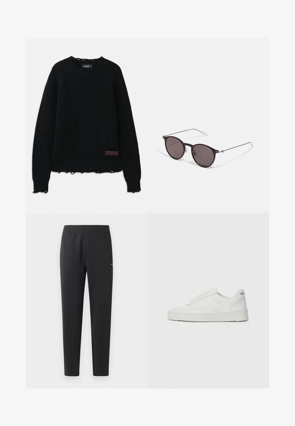 Black waffle-knit sweater with a crew neckline, ribbed cuffs, frayed hem, and a small brown leather logo patch on the lower left side.; Black jogger pants made of soft fabric, featuring an elastic waistband, straight legs, and a single small logo detail on the side.; White leather sneaker with a smooth finish, round toe, flat laces, and a textured sole. Features a subtle logo on the heel.; Black round sunglasses with dark lenses and slim metal arms. Includes clear temple tips and silver accents at the hinge. Minimalist design.