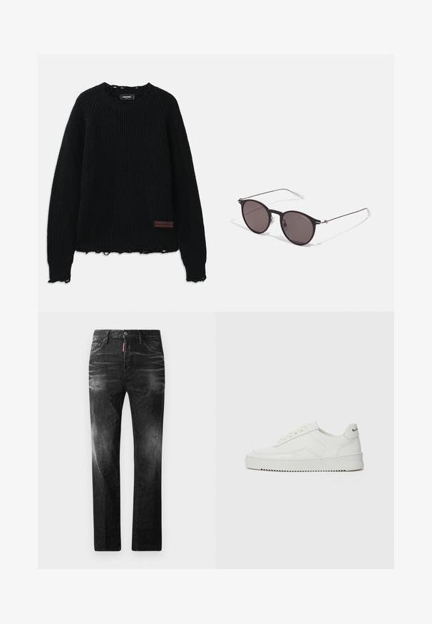 Crni džemper od vaflastog pletenja s okruglim izrezom, rebrastim manžetama, izgužvanim rubom i malim smešnim kožnim logotipom na donjoj levoj strani.; Crne traperice od denima ravnog kroja. Imaju izbljedjela područja, male oštećenja, klasičan dizajn s pet džepova i kopčanje na dugme.; Bijele kožne tenisice s glatkom površinom, okruglim vrhom, ravnim vezicama i teksturiranom potplatom. Imaju suptilan logo na peti.; Crne okrugle sunčane naočale s tamnim staklima i tankim metalnim ručkama. Uključuju prozirne vrhove ručki i srebrne naglaske na šarkama. Minimalistički dizajn.