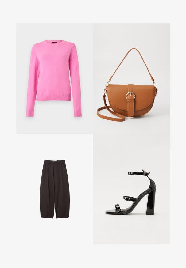 Rosa Wollpullover mit langen Ärmeln, rundem Ausschnitt und gerippten Bündchen. Glatte Textur, einfarbig und schlichtes Design.; Schwarze weit geschnittene Hosen aus einem glatten Stoff, mit hoher Taille, Frontfalten und Seitentaschen. Schlichtes Design ohne Verzierungen.; Schwarze patentierte Sandalen mit Absatz, quadratischer Spitze, Knöchelriemen und silbernen Schnallen. Mit einem stabilen Blockabsatz für mehr Stabilität.; Braune Leder-Crossbody-Tasche mit geschwungener Form, goldfarbenen Beschlägen und einer Schnallenakzentuierung. Verfügt über einen abnehmbaren Schultergurt.