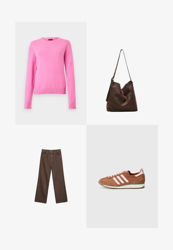 Rožnati volnen pulover z dolgimi rokavi, okroglim izrezom in rebrastimi zapestji. Gladek tekstura, enobarven, preprost dizajn.; Široke rjave kavbojke iz denima, ki imajo visok pas, sprednje žepe in klasično zapiranje na gumb. Gladka tekstura s subtilnim šivom.; Rjava in roza Adidas superga z semišastimi detajli, tremi roza črtami na strani in belim podplatom z zelenim poudarkom.; Rjava semišasta hobo torba s ukrivljenim vrhom, dolgim trakcem z dot akcenti in mehko teksturo. Ima sproščen videz za vsakdanje uporabo.