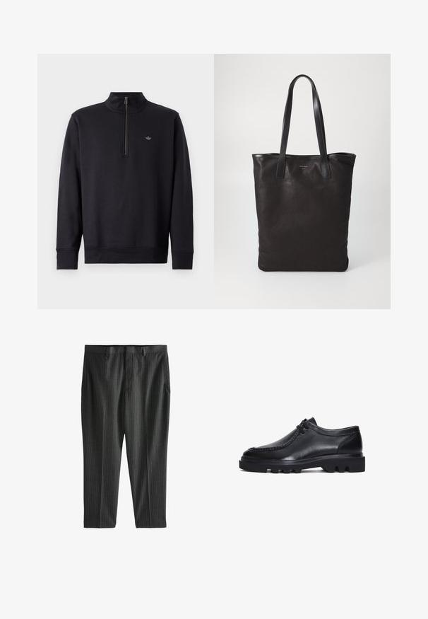Sudadera negra con un cuello alto y una cremallera de cuarto. Presenta mangas largas y un logo sutil en el pecho. Textura de tela suave.; Next STRIPE-REGULAR FIT - Pantalones chinos - charcoal grey; Zapatos de cuero negro con puntera redondeada, detalles de costura y una suela gruesa y resistente con ranuras distintivas. Diseño sencillo con cordones.; Bolsa tote de lona negra con asas de cuero negro. Diseño sencillo, cuerpo espacioso y textura suave. Sin logos ni patrones visibles.