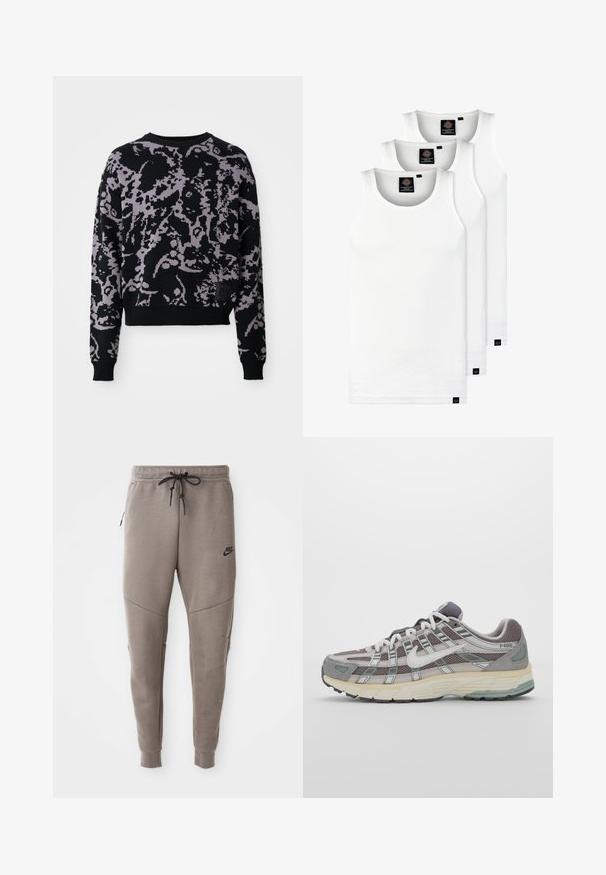 Kötött pulóver, fekete alapszínnel, lila absztrakt mintával. Hosszú ujja van, kerek nyakkivágással, bordás szegéllyel és mandzsettával.; Három fehér csíkos pamut trikó. Felső része kerek nyakkivágású, és a szegély közelében kis fekete címkék találhatók. Több méretben elérhető.; Szürke Nike melegítőnadrág húzózsinórral a deréknál, keskeny lábakkal, oldalsó zsebekkel és jellegzetes varrás részletekkel. Puha, texturált anyag.; Szürke sportcipő, hálós és velúr felsőrésszel, fehér részletekkel, párnázott talppal és jellegzetes dizájnnal, amely visszaverő elemeket tartalmaz.