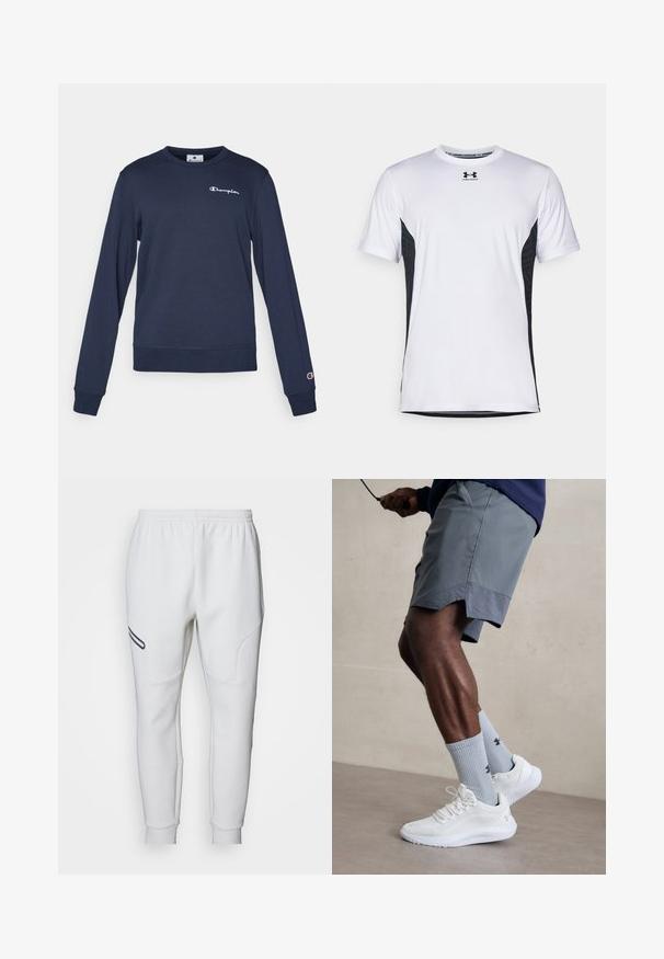 Tumedat sinine särk, mis on valmistatud puuvilla segust, omades pikki varrukasid, ümmargust kaelust ja väikest valget logo rinda. Ribitud varrukaotsad ja äär.; Under Armour CHALLENGER PRO SS - Spordi T-särk - white/black; Valge pusapäevapüksid pehme ja siledaga. Omavad kõveraid külgpaneele ja musta aktsenttriibu. Elastne vöökoht, et sobituda mugavalt.; Valged spordijalatsid tekstuurse võrguga pealispinnaga, millele on lisatud helesinised ribakujulised sokid logoga. Hallid spordilühikesed püksid, millel on perforeeritud ääred.