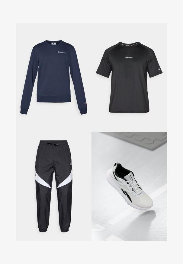 Navyblauwe sweatshirt van een katoenmix, met lange mouwen, een ronde hals en een klein wit logo op de borst. Geribde manchetten en zoom.; Champion LIGHT STRETCH - Sport T-shirt - black; Zwarte sportbroek gemaakt van gestructureerde stof met een trekkoord in de taille, voorzien van witte diagonale accenten aan de zijkanten en elastische boorden.; Lichtgrijze sportschoen met zwarte accenten, textuurmelange bovenwerk, gevoerde zool en vetersluiting. Voorzien van een treklus op de hiel.