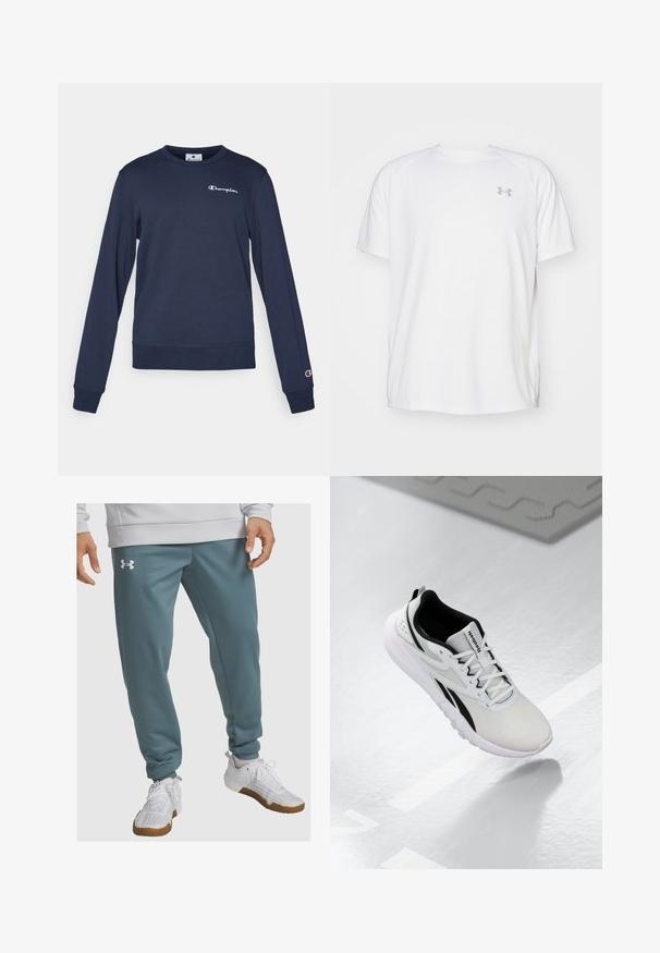 Granatowy sweter wykonany z mieszanki bawełny, z długimi rękawami, okrągłym dekoltem i małym białym logo na piersi. Żebrowane mankiety i dół.; Biała, krótko rękawowa koszulka sportowa wykonana z gładkiego materiału. Posiada okrągły dekolt oraz szare logo po lewej stronie klatki piersiowej, z bocznymi rozcięciami u dołu.; Under Armour - Spodnie treningowe; Jasnoszary but sportowy z czarnymi akcentami, teksturowana siateczkowa cholewka, amortyzowana podeszwa i sznurowane zapięcie. Posiada pętelkę na pięcie.