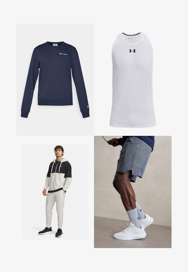 Jūras zils džemperis, izgatavots no kokvilnas sajaukuma, ar garām piedurknēm, apaļu kakla izgriezumu un mazu baltu logotipu uz krūtīm. Ribotie aproces un apakšmala.; Balts, bez piedurknēm, t-krekls, kas izgatavots no mīksta auduma, arapaļo kakla izgriezumu un melnu Under Armour logotipu uz krūšu daļas.; Melna un balta sporta jaka ar kapuci un rāvējslēdzēju; kombinēta ar baltām sporta biksēm ar kabatām un elastīgiem piedurknēm; melni sporta apavi.; Baltas sporta apavu pāris ar strukturētu acs virsu, apvienots ar gaiši zilo riboto zeķu pāri, kurā ir zīmols. Pelēki sporta šorti ar perforētu apdari.